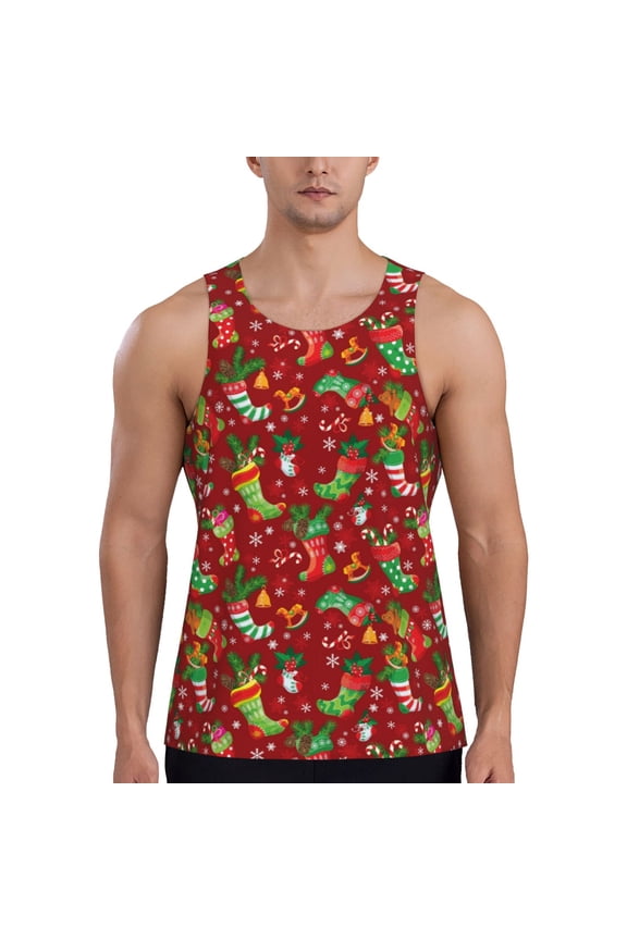X-mas and New Year Pattern Men's Workout Tank Top Casual Sleeveless Gym Muscle Shirts Bodybuilding Tee-X-Large