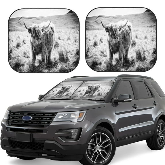 Honeii Yak Print Foldable Car Sun Shade for Windshield, 2-Piece UV Protection Shade, Protects Car Interior, Ideal for Cars, Trucks, SUVs-Medium