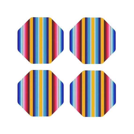 Honeii Yellow Blue Mexican Blanket Stripes Print Leather Coaster Set of 4, Ideal for Safeguarding Your Furniture from Drinks Spills and Effortless cleanup-Octagon