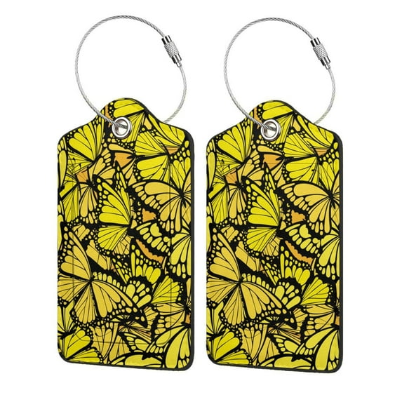 Honeii Yellow Butterflies Print Leather Luggage Tag for Suitcases,ID Tags,Bag Tags for Luggage,Functional Travel Tag-2 PCS
