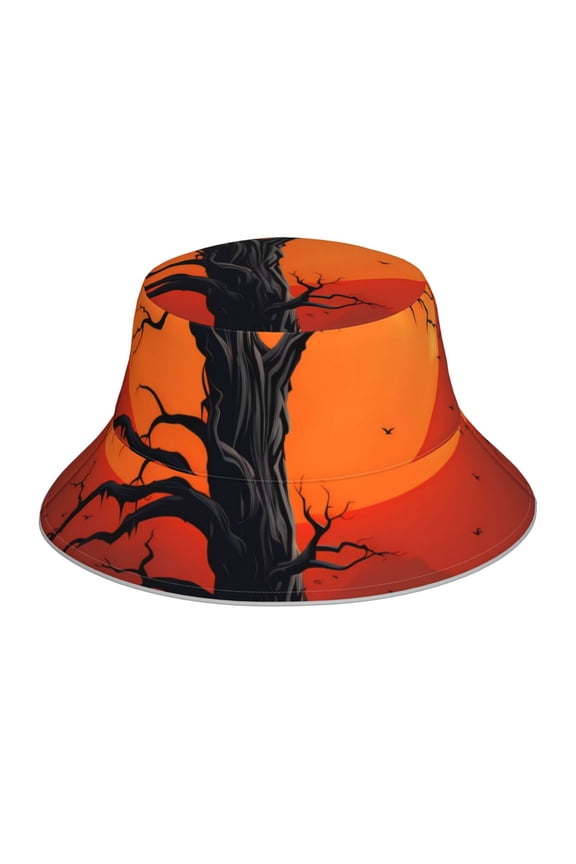 Yellow Castle Sunset Tree for Unisex Bucket Hat Waterproof Rain Hat Reversible Shiny Rave Bucket Hat for Concert Festival Boonie Cap