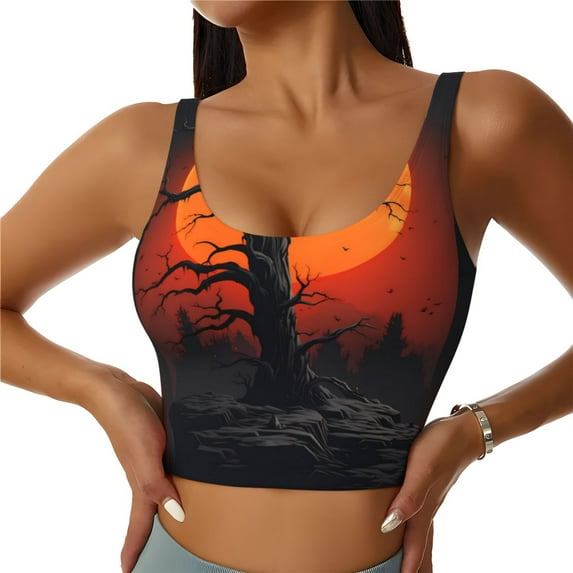 Honeii Yellow Castle Sunset Tree patten Workout Crop Tank Top for Women Yoga Tank Tops Athletic Sports Shirts Exercise Undershirts,Sports Bra,Sports vest-Small