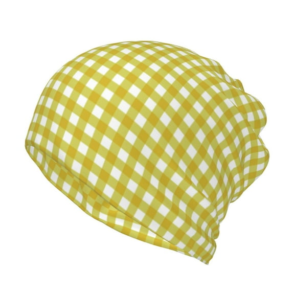 Honeii Yellow Checkboard Print Winter Beanie Daily Hat - Thermal Polar Fleece Ski Running Hat Skull Cap for Men and Women,Beanie