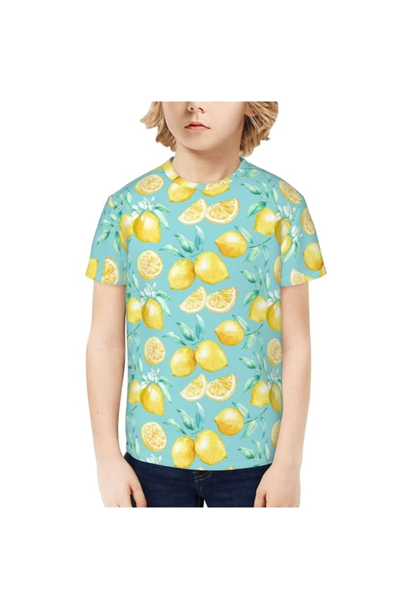 Yellow Lemon Print Kids Boy T-Shirt,Breathable Round Neck Tee,Stylish Summer Tee for Boys, for Outdoor Activities and Casual Wear