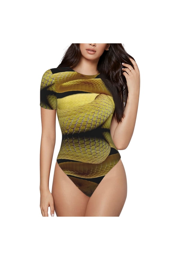 Yellow White-Lipped Pit Viper Print Women's Crew Neck Short Sleeve Bodysuit Fashion T-shirt Tops-Small