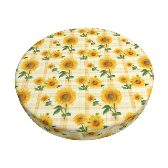 Honeii Yellow White Plaid Sunflower Bar Stool Covers – Perfect Fit for 12" to 14" Round Stools, Crease-Resistant, Stretchy, Washable & Dustproof Seat Slipcovers-13 inch
