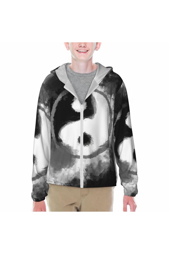 Yin And Yang Print Sun Protection Jacket Hooded Cooling Shirt with Pockets Hiking Outdoor Performance-X-Large