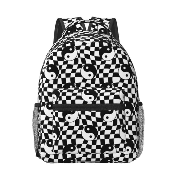 Honeii Ying Yang Checkered Print Backpack for School,15.6 inch Laptop Back Pack for High School and College Students, Waterproof Computer Bookbag-One Size