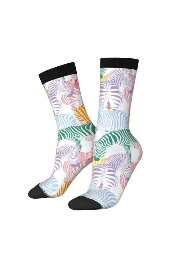 Zebra Colourful Print Adult Socks,Crew Socks,Casual Calf Socks,Daily Wear Socks for Men & Women, Perfect for Sports, Casual and Everyday Use