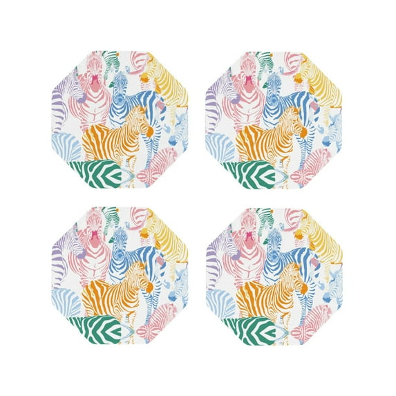 Honeii Zebra Colourful print Leather Coaster Set of 4, ideal for safeguarding your furniture from drinks spills and effortless cleanup-Octagon