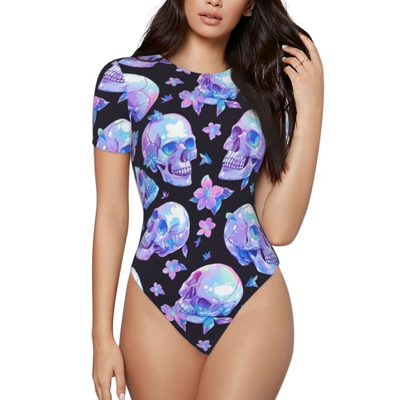 Honeii blue Skull flower Print Women's Crew Neck Short Sleeve Bodysuit Fashion T-shirt Tops-Medium