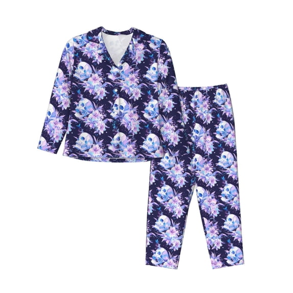 Honeii blue starry sky Skull flower print Women's Pajama Sets Long Sleeve Button Down Sleepwear Nightwear Soft Pjs Lounge Sets-Medium