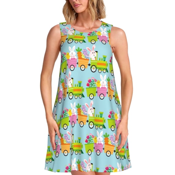 Honeii bunnies and chicks on a train Print Women's Sleeveless Dress, Loose Fit Casual Dress for Women, Summer Fashion Dress