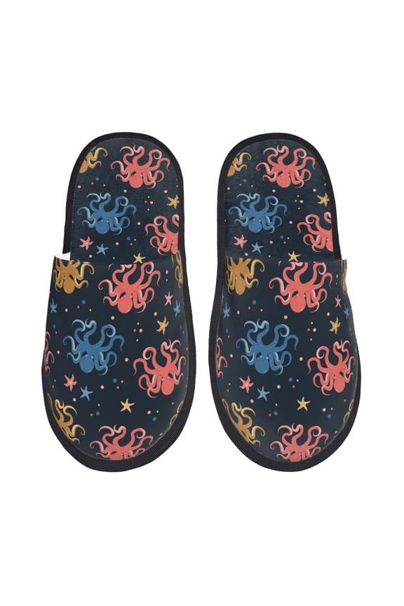cartoon doodle octopus Print Furry Slippers Bedroom Slippers for Women and Men Fuzzy Plush Comfy Faux Fur Lined Slide Shoes -Medium