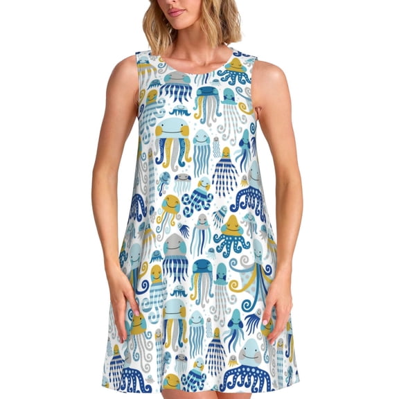 Honeii cartoon octopus Print Women's Sleeveless Dress, Loose Fit Casual Dress for Women, Summer Fashion Dress