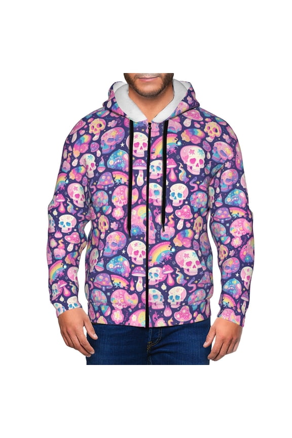 cartoon rainbow Skull Print Hoodies for Men, Pullover & Full Zip, Breathable Zip up Hoodie, Sweatshirt-Small