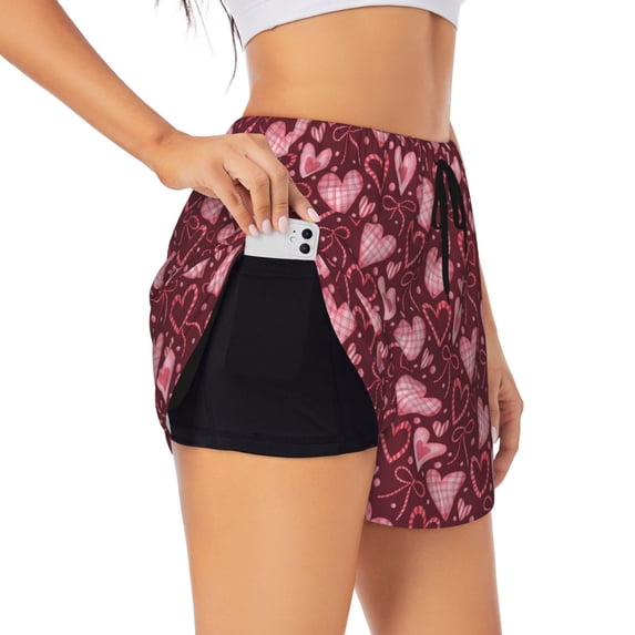 Honeii colorful Heart print a double-layered women's running short, ideal for gym, tennis, and various activities, complete with a practical pocket-Large