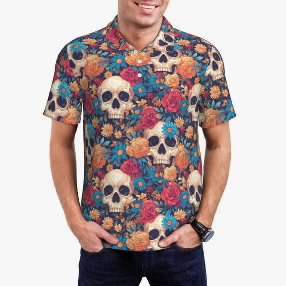 Honeii colorful Skull rose print Polo Shirt, a classic short-sleeved, button-down golf shirt designed for menLarge