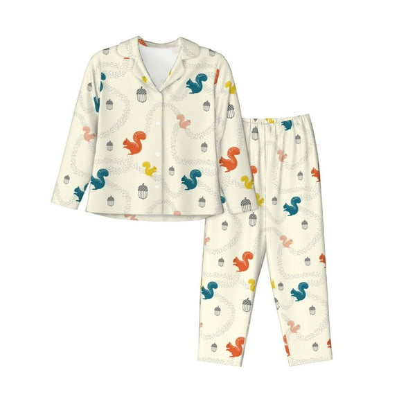 Honeii colorful Squirrel Nuts Print Women's Pajama Sets Long Sleeve Button Down Sleepwear Nightwear Soft Pjs Lounge Sets 2PCS-XX-Large