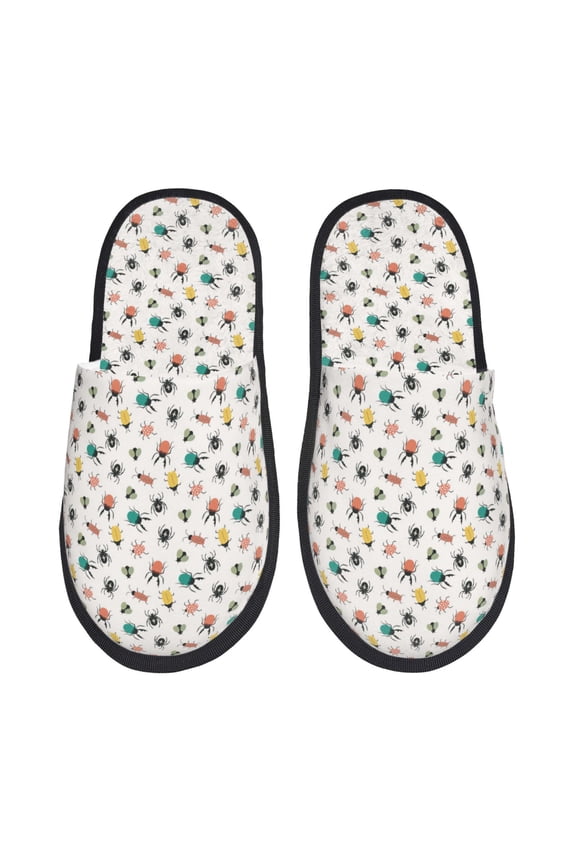 colorful doodle insects Print Furry Slippers Bedroom Slippers for Women and Men Fuzzy Plush Comfy Faux Fur Lined Slide Shoes -Medium