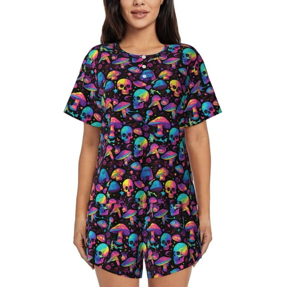 Honeii colorful mushroom Skull for Women's Summer Pajama Set featuring Soft Short Sleeve Shirt & Matching Bottoms with Convenient Pockets for Relaxed Home Wear-Large