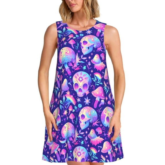 Honeii colorful mushroom Skull rainbow Print Women's Sleeveless Dress, Loose Fit Casual Dress for Women, Summer Fashion Dress