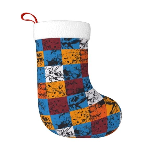 Honeii colorful plaid Dinosaur for Christmas Stocking,Large Xmas Stocking,Holiday and Family Stocking for Fireplace Christmas Holiday Party Decoration