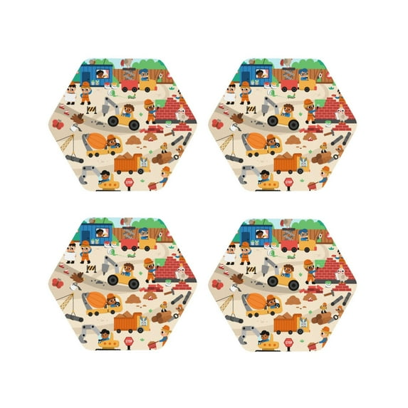 Honeii construction road work landscape Print Leather Coaster Set of 4, Ideal for Safeguarding Your Furniture from Drinks Spills and Effortless cleanup-Hexagon