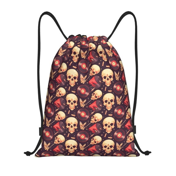Honeii cool rock Skull record Print Drawstring Backpack,Drawstring Bags String Backpack Gym Cinch Sack Backpack Sport Bag Draw-Small