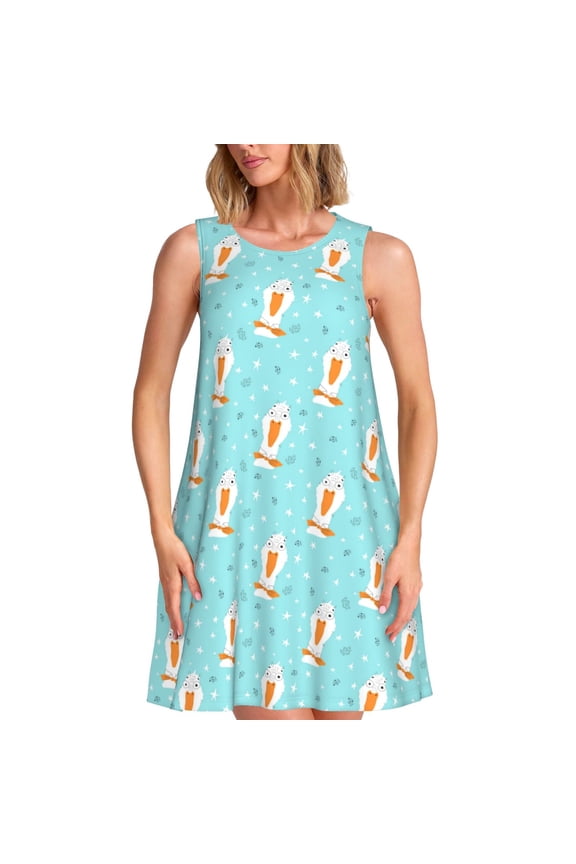 crazy white goose Print Women's Sleeveless Dress, Loose Fit Casual Dress for Women, Summer Fashion Dress