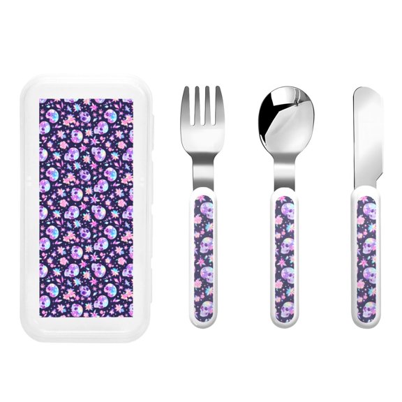 Honeii crystal Skull flower cool Print Children's Knife, Fork And Spoon Set,Reusable Utensils Set with Case,Travel Cutlery Set,for Kids Adults Camping