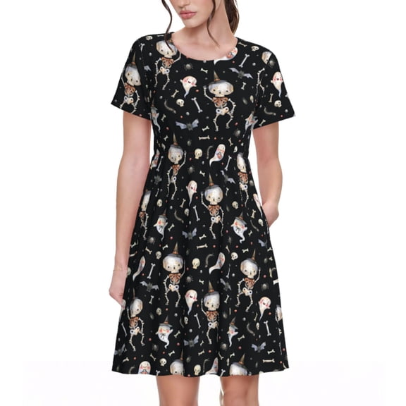 Honeii cute Skull bone Print Women’s Short Sleeve Dress, Comfortable Casual Dress, Soft Polyester Spandex Blend, Stylish Everyday Wear for Summer, Perfect for Travel and Vacation
