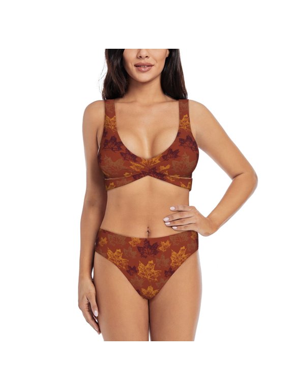 fall Maple Print Women’s Bikini Set,Two Piece Swimsuit Bathing Suits,Stylish High Elasticity Swimwear for Beach and Pool
