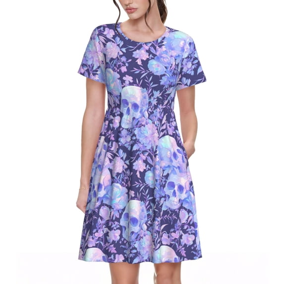 Honeii flower crystal Skull Print Women’s Short Sleeve Dress, Comfortable Casual Dress, Soft Polyester Spandex Blend, Stylish Everyday Wear for Summer, Perfect for Travel and Vacation