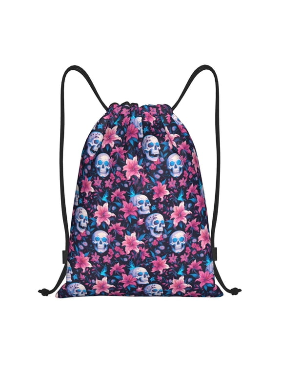 funny Skull daisy flower Print Drawstring Backpack,Drawstring Bags String Backpack Gym Cinch Sack Backpack Sport Bag Draw-Medium