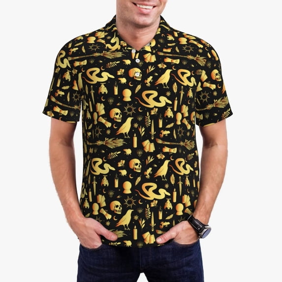 Honeii glod Skull snake bird print Polo Shirt, a classic short-sleeved, button-down golf shirt designed for menMedium