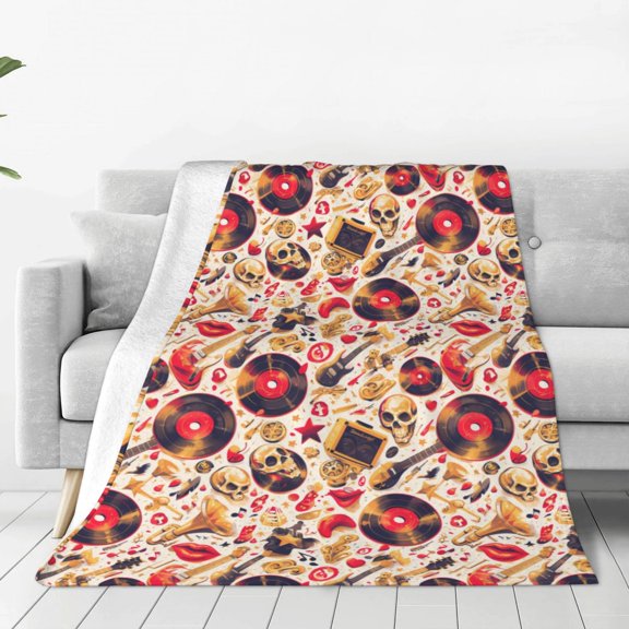 Honeii gold Skull Guitar record Print Fleece Blanket - Throw Blanket for Bed, Sofa, Couch, Camping, and Travel , Microplush Ultra Soft Warm Blanket-40"x30"