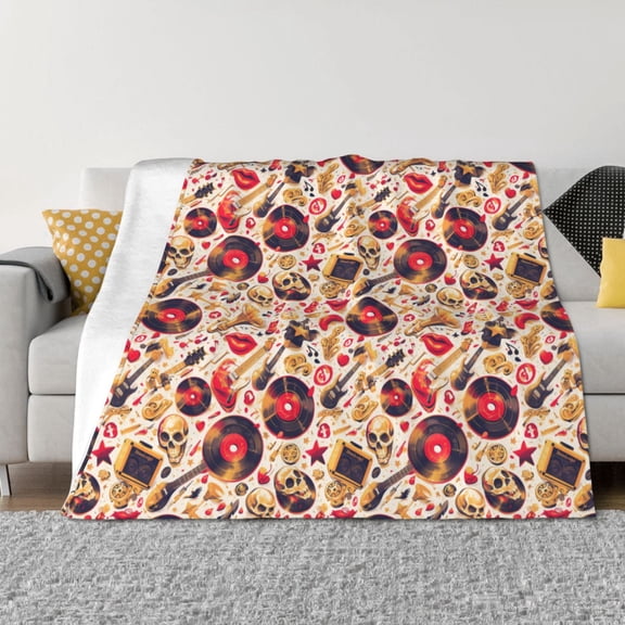 Honeii gold Skull Guitar record print throw blanket, crafted from cozy cotton flannel, offers versatile home decor as a bedding suitable for all seasons.-60"x50"
