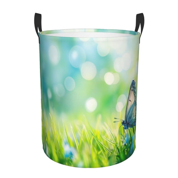Honeii green grass and butterfly Print Laundry Hamper Basket,Baby Nursery Woven Storage Basket for Toys Bin,Pillows,Blankets,Clothes-Small