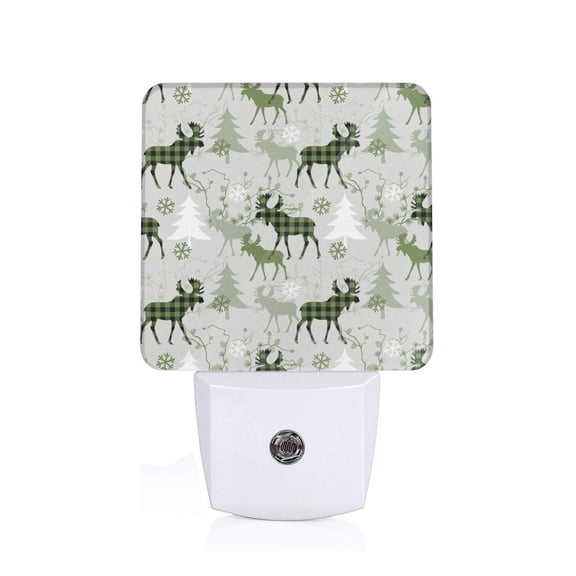 Honeii green plaid Moose tree Print LED Night Light with Light Sensor, Night Lights Plug Into Wall,Ideal for Bedrooms and Hallways-US