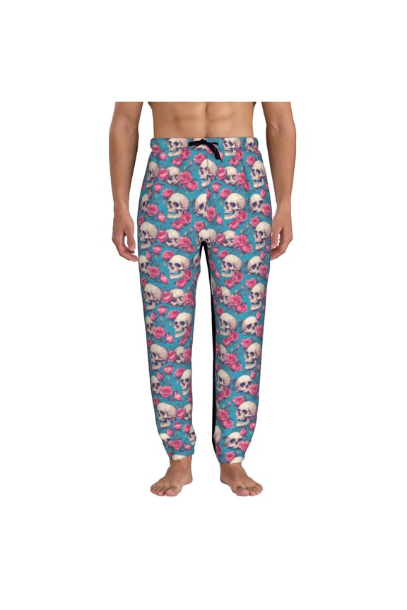 happy Skull rose Print Mens Jogger Sweatpants, Men's Lounge Pants with Pockets-X-Large