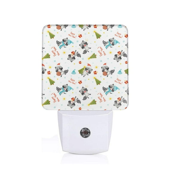 Honeii happy new year Raccoon Print LED Night Light with Light Sensor, Night Lights Plug Into Wall,Ideal for Bedrooms and Hallways-EU