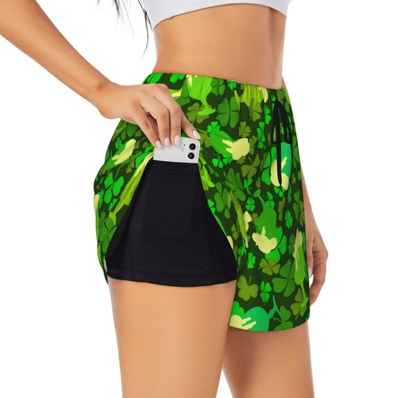 Honeii leaves and glasses of bee print a double-layered women's running short, ideal for gym, tennis, and various activities, complete with a practical pocket-X-Large