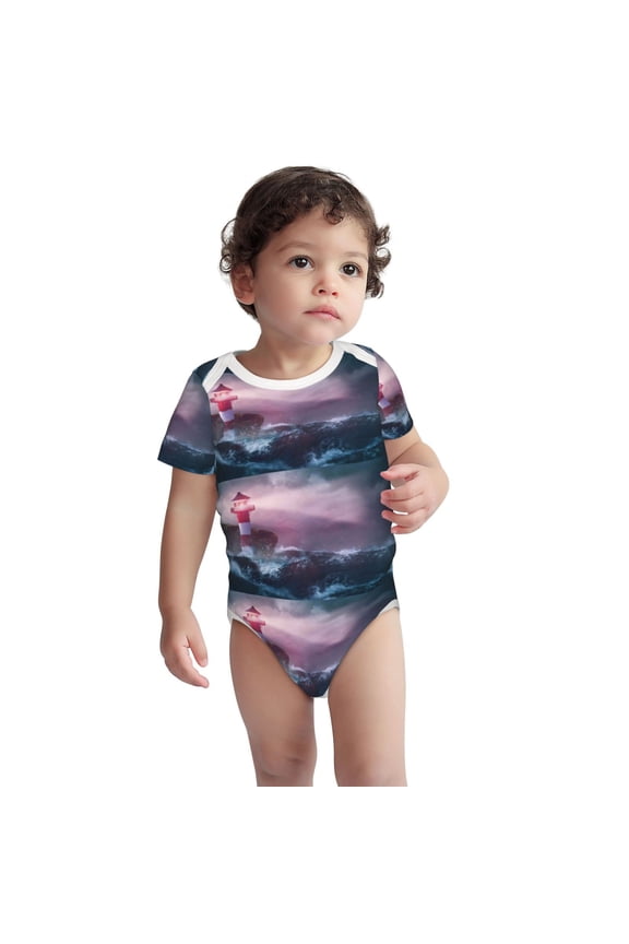lighthouse Waves Torrential Rain Pattern unisex-baby Short-sleeve Bodysuit,One-piece Bodysuit 100% Organic Cotton-