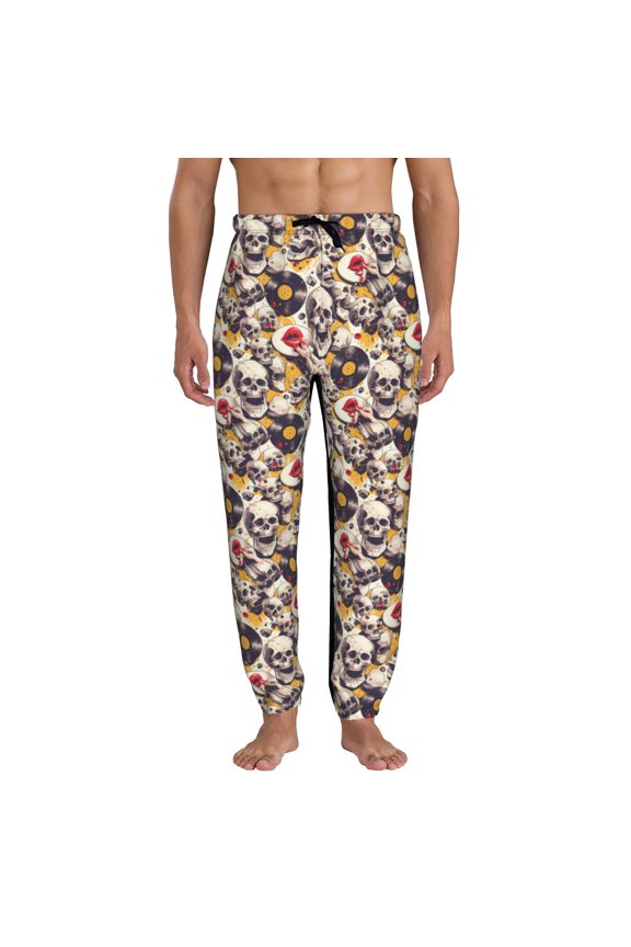 lips record rock Skull Print Mens Jogger Sweatpants, Men's Lounge Pants with Pockets-Small