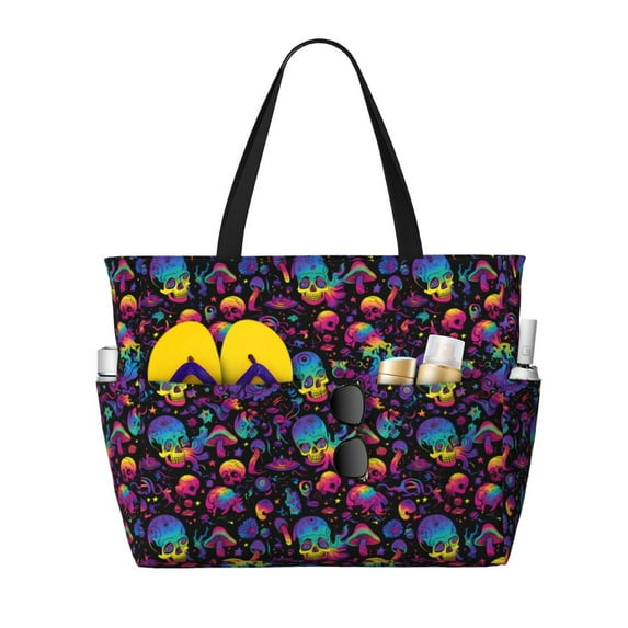 Honeii mushroom colorful Skull for Tote Bag with Adjustable Strap,Beach Bag, Waterproof Sandproof Beach Tote Bag, Large Capacity Foldable Beach Bags