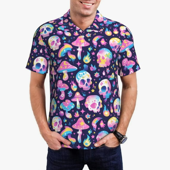 Honeii mushroom colorful Skull star print Polo Shirt, a classic short-sleeved, button-down golf shirt designed for menXX-Large