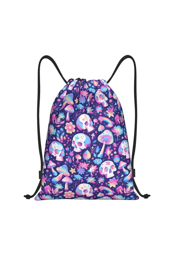 mushroom rainbow Skull cartoon Print Drawstring Backpack,Drawstring Bags String Backpack Gym Cinch Sack Backpack Sport Bag Draw-Small