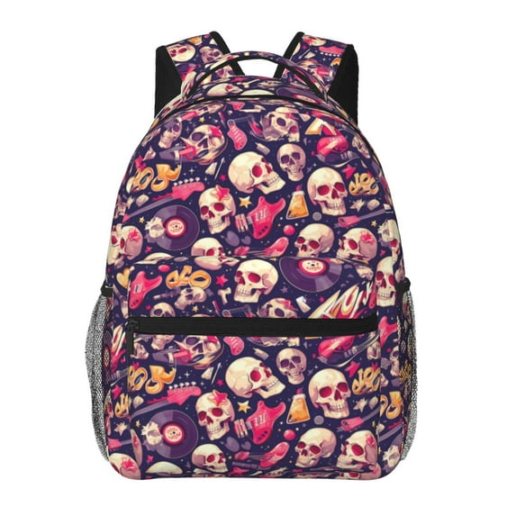 Honeii music Skull record Guitar Print Backpack for Both Men and Women, Basic Bookbag for College, Work, or Travel,Rucksack Computer Bag-One Size