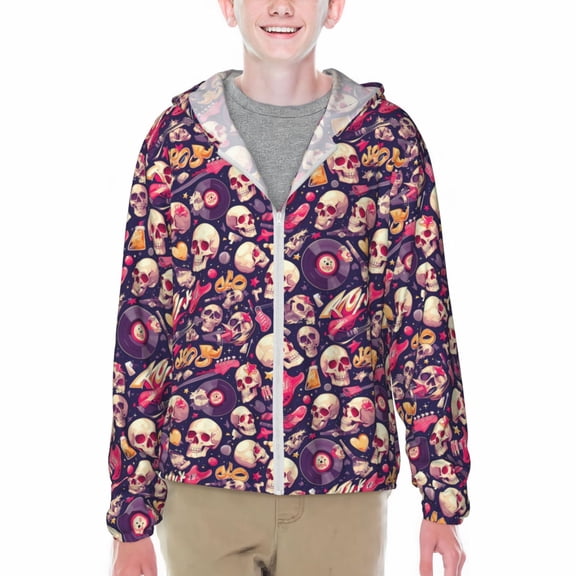 Honeii music Skull record Guitar Print Sun Protection Jacket Hooded Cooling Shirt with Pockets Hiking Outdoor Performance-XX-Large